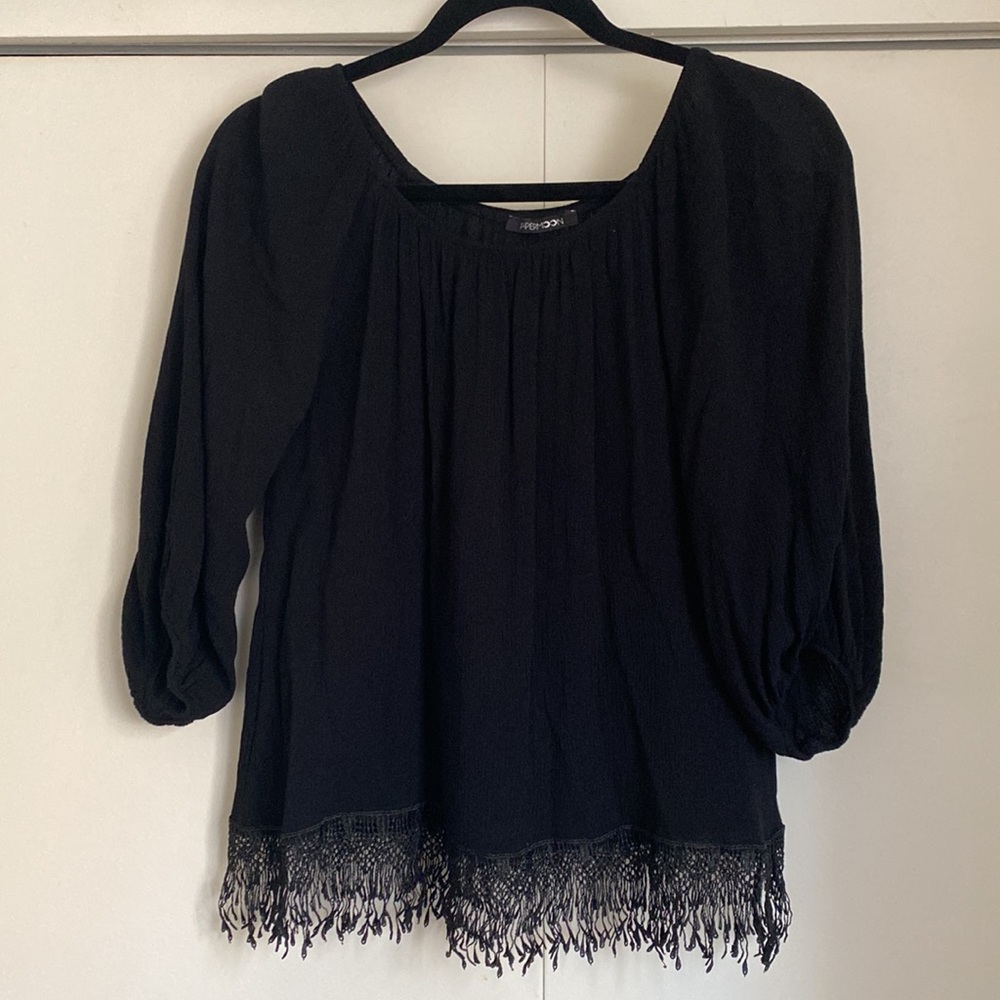 Cinched Neck Black Blouse with Fringe Bottom